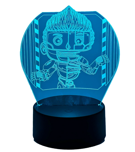 Blaue LED-Lampe mit 3D-Illusion im Tjulfar-Design, zeigt die mechanische Figur als futuratives Leuchtmotiv auf schwarzem Sockel, produziert von LunyMerch.